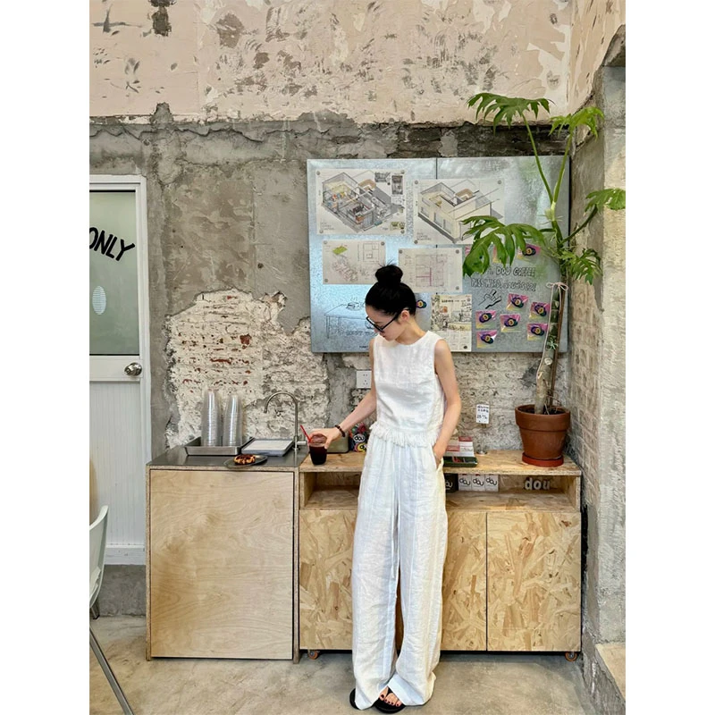 慵懒风修身显瘦无袖小众设计款上衣2025夏季简约百搭休闲宽松长裤