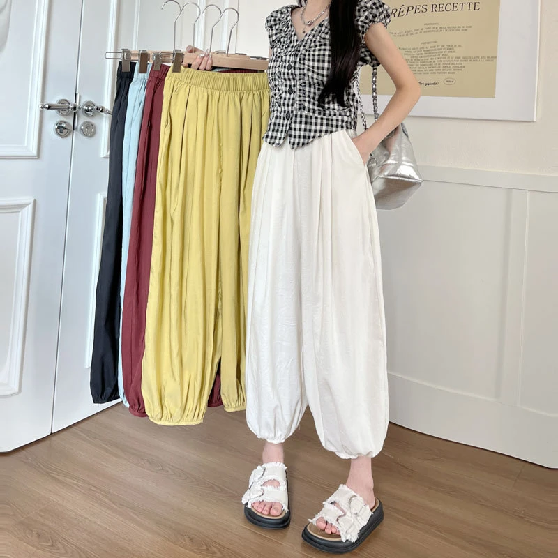 慵懒灯笼裤女小个子夏季薄款高腰修身宽松休闲九分束脚哈伦萝卜裤