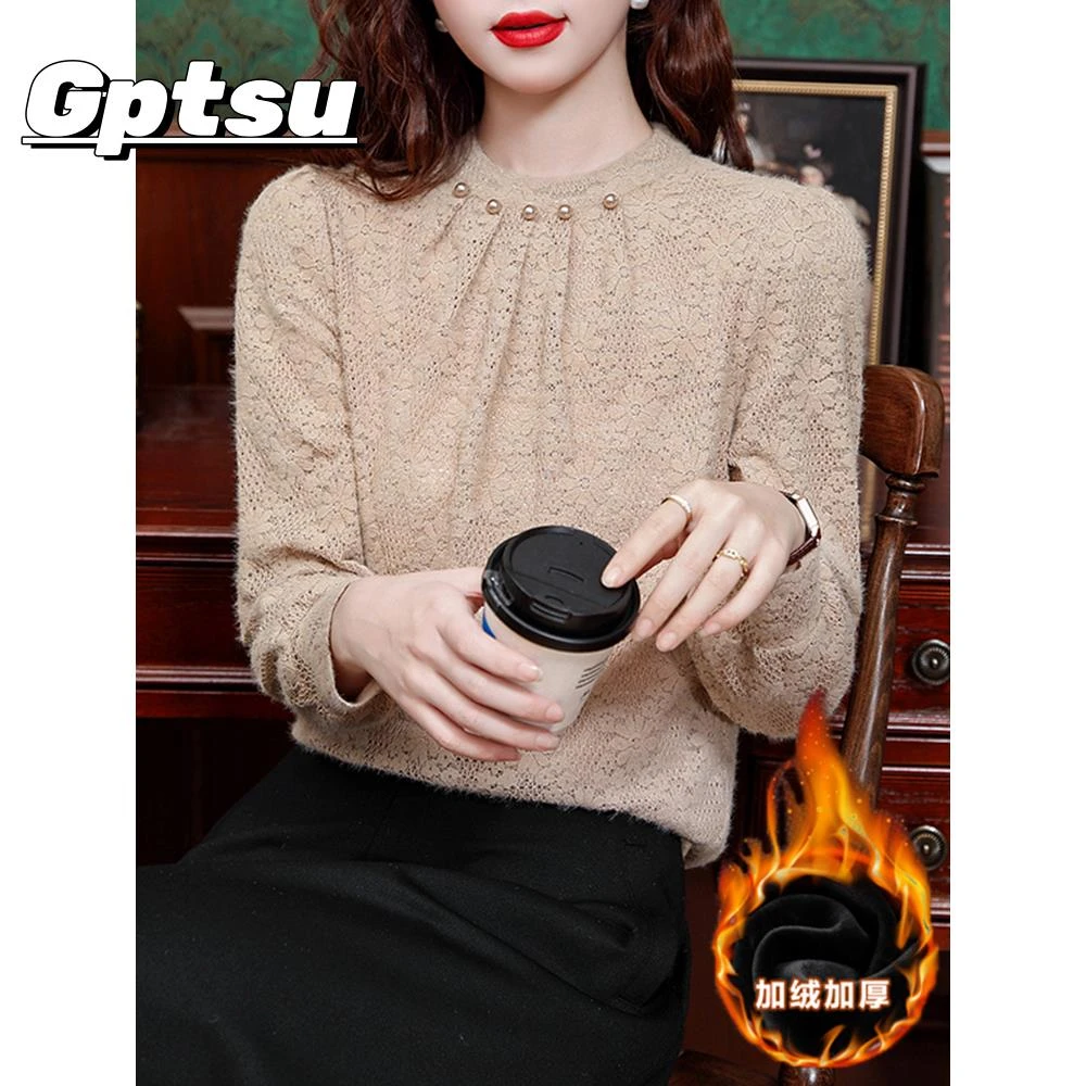 GPTSu磨毛蕾丝内搭打底衫女士装秋冬时尚年新款加绒加厚长袖上衣