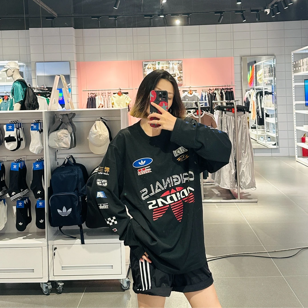 adidas MOTOLONGSLEEVE赛车风纯棉运动宽松长袖T恤 KH1199