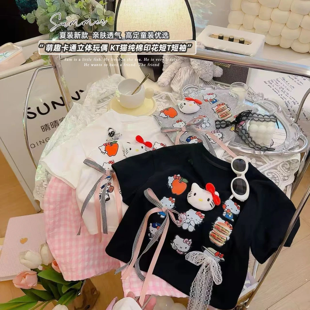 2025新款~儿童女宝时尚卡通立体玩偶休闲百搭宽松短袖棉T恤