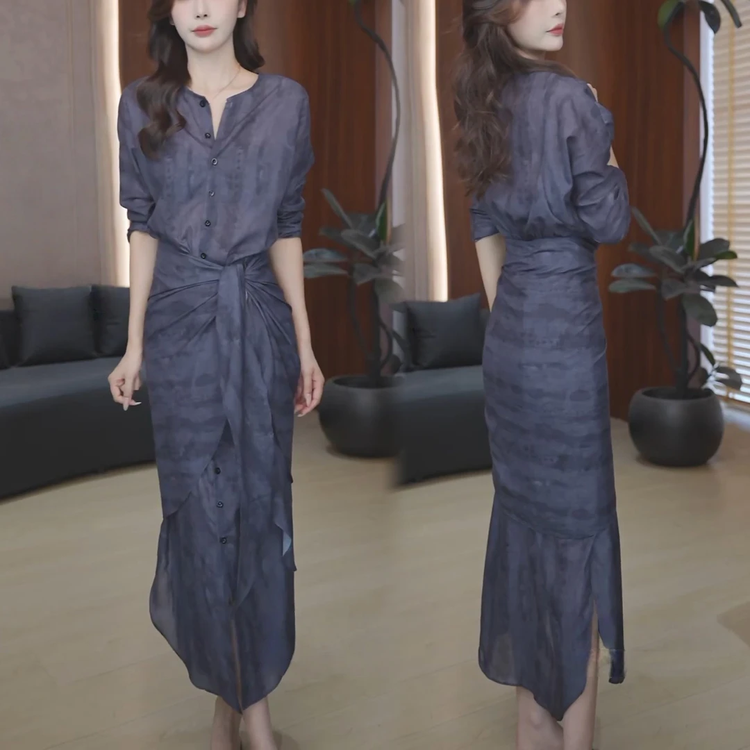 2025夏季新款时尚气质宽松中长款A字裙子收腰绑带设计感连衣裙女