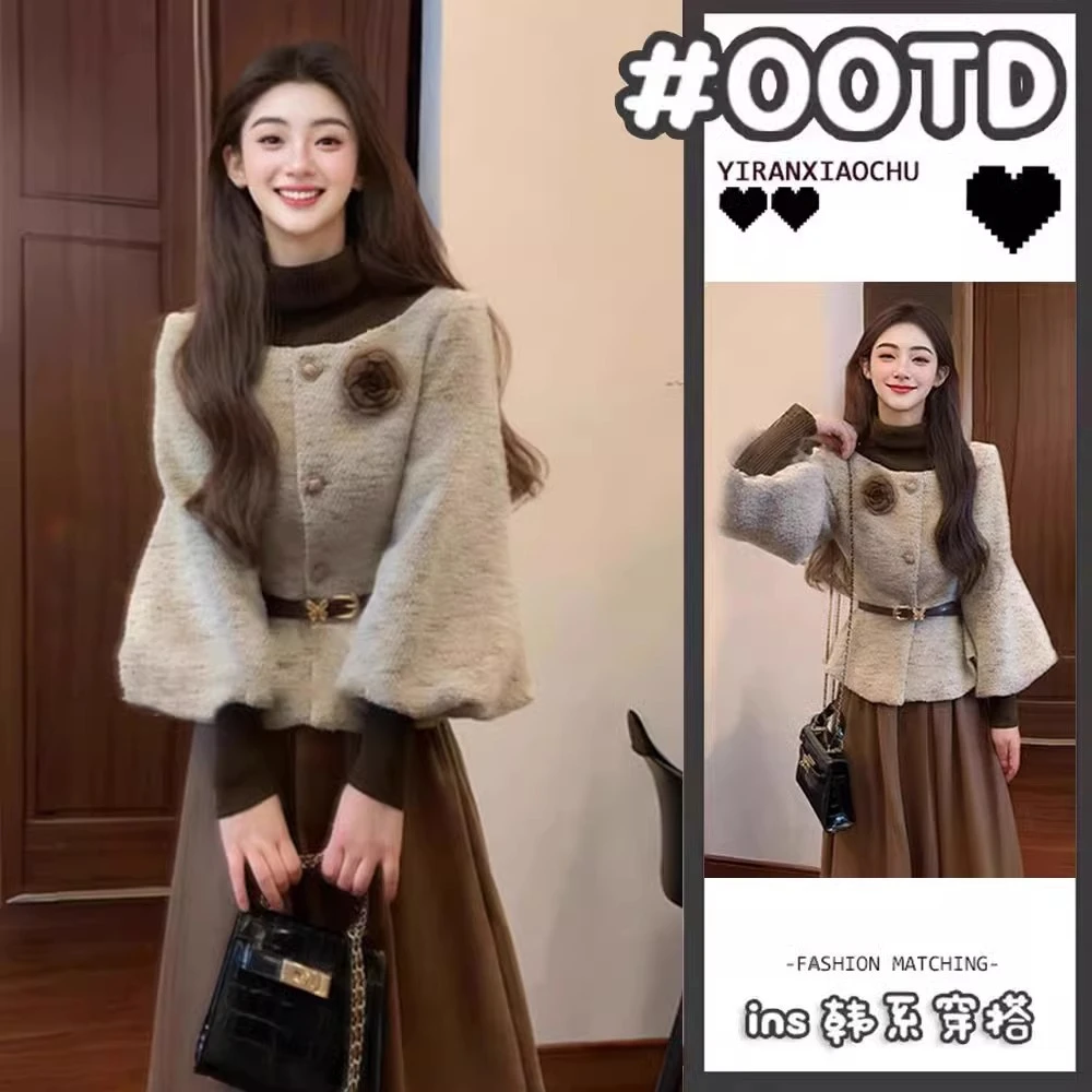 气质高级名媛穿搭小香风外套2025春秋灯笼袖毛呢复古半身裙套装女