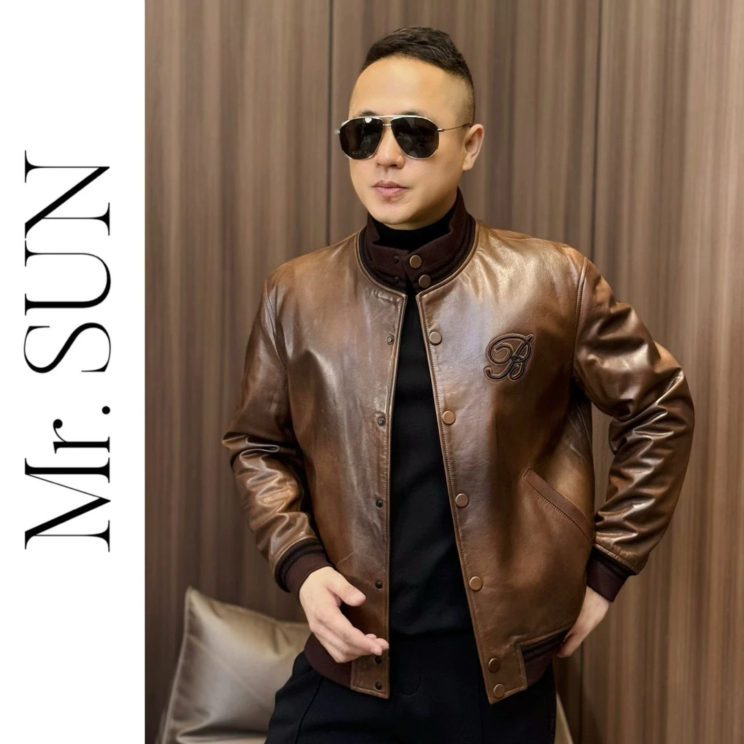 23059 孙先生｜复古渐变擦的山羊皮外套男款时尚棕色皮夹克