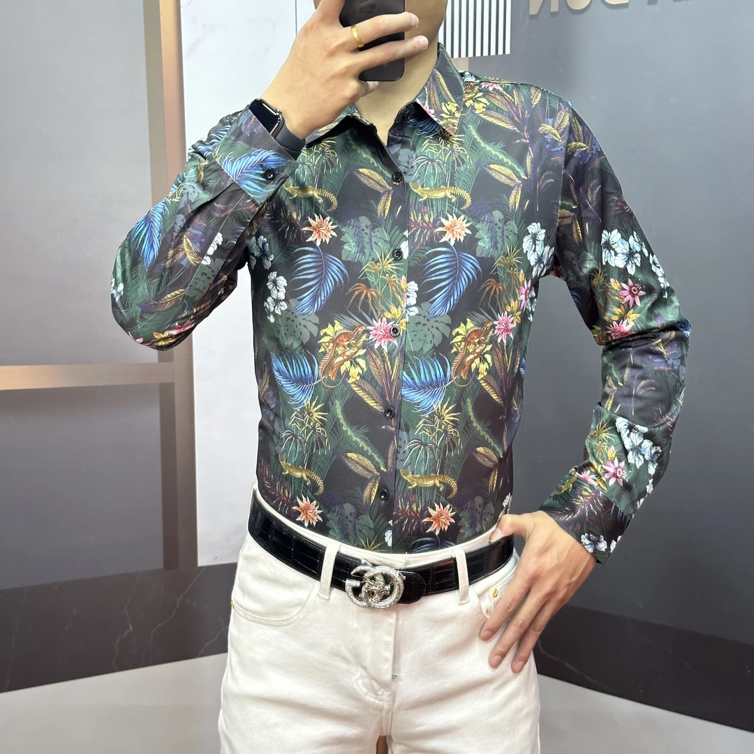 法拉盾甄选新款免烫弹力时尚欧货重工印花烫钻春长袖衬衣8818克