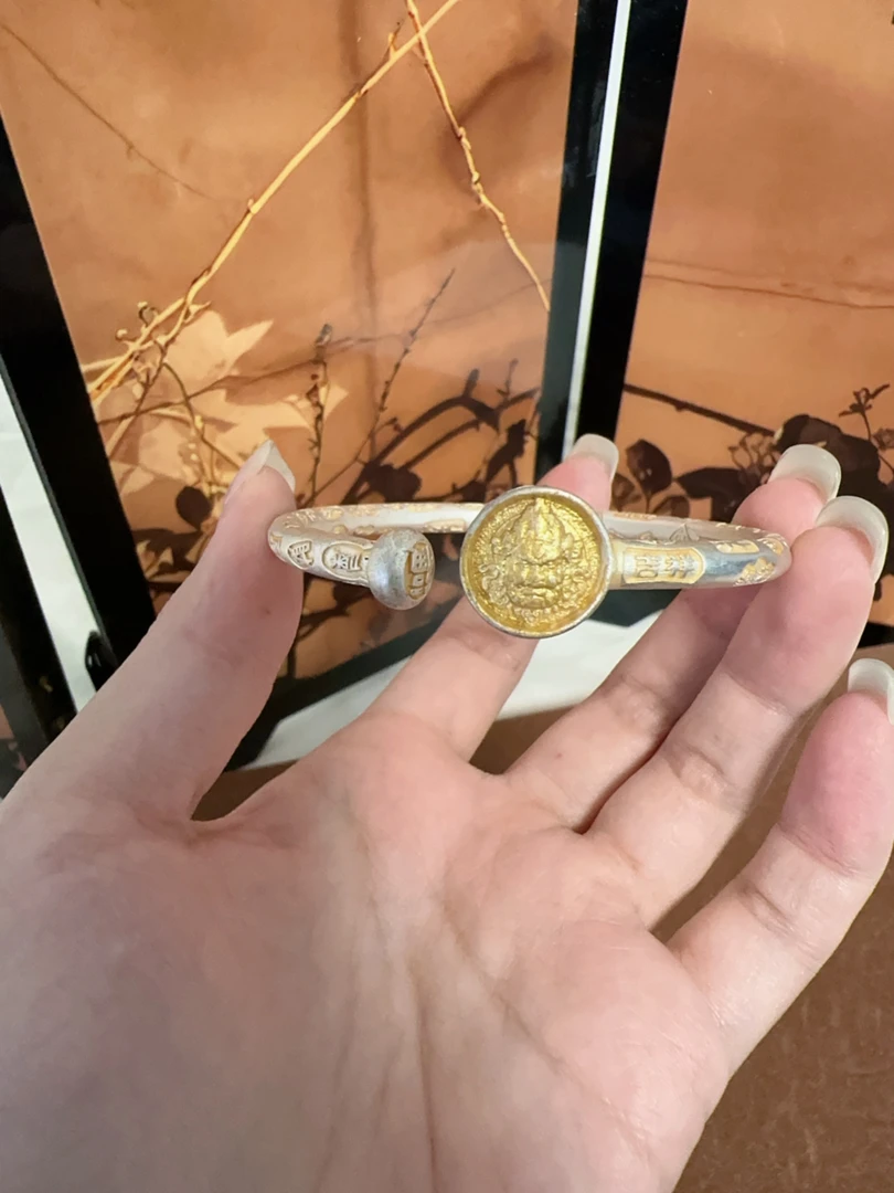 足银银制品 足银手镯21描金黄财神手镯开口款