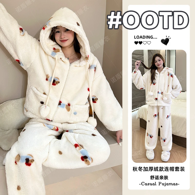 珊瑚绒加绒加厚睡衣女2025年秋冬新款保暖卡通ins风家居服套装女