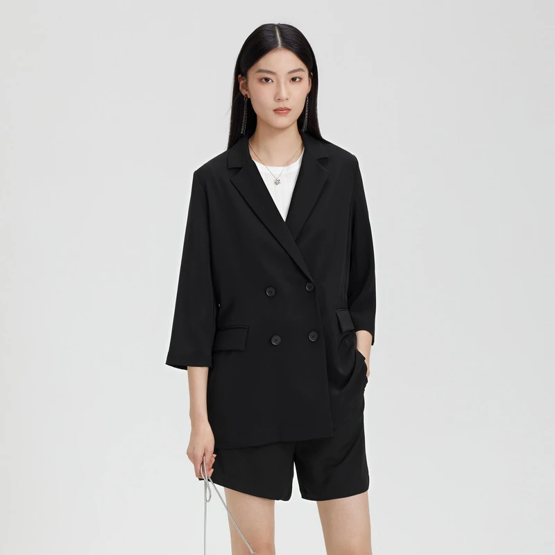 S·DEER圣迪奥夏季时尚气质显瘦双排扣垂坠黑色西装外套S23282201