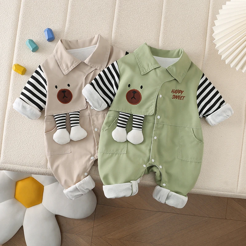 春秋宝宝洋气卡通双层连体衣新生儿外出爬服小熊盖肩加里哈衣