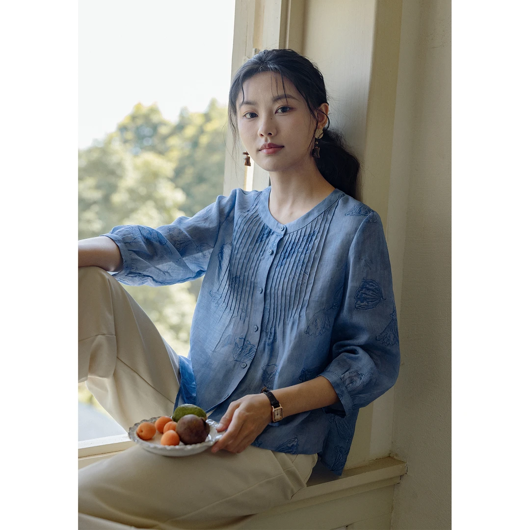 红念早秋蓝色苎麻衬衫女长袖宽松休闲2025年秋季新款女装气质上衣