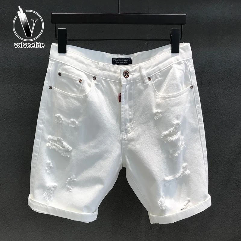 VALVOELITE潮牌破洞牛仔裤短裤男直筒韩版马裤五分裤夏季休闲中裤