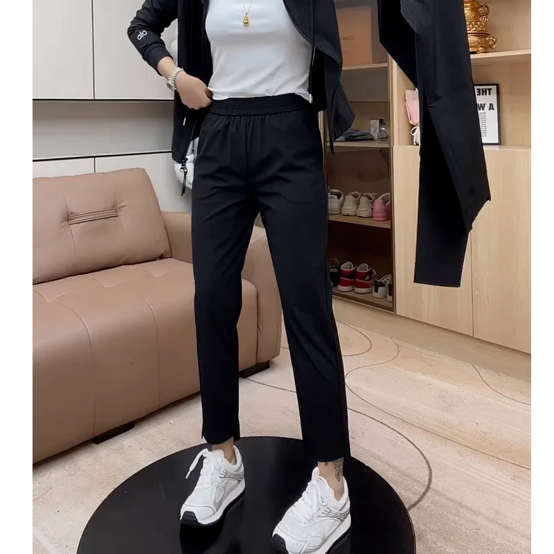 黑色休闲裤女夏季薄款宽松显瘦冰丝垂感九分直筒裤子