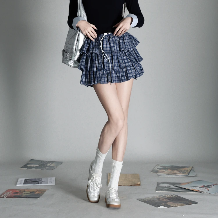 西町村屋韩系格纹蛋糕裙女春季新款复古百搭短款半身裙XAAA10396