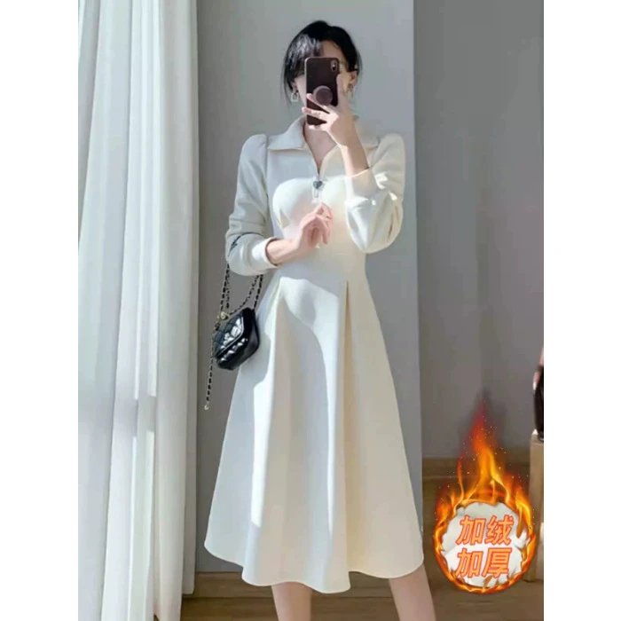 2025法式连衣裙女春秋小个子高级感气质加绒厚配大衣内搭打底长裙