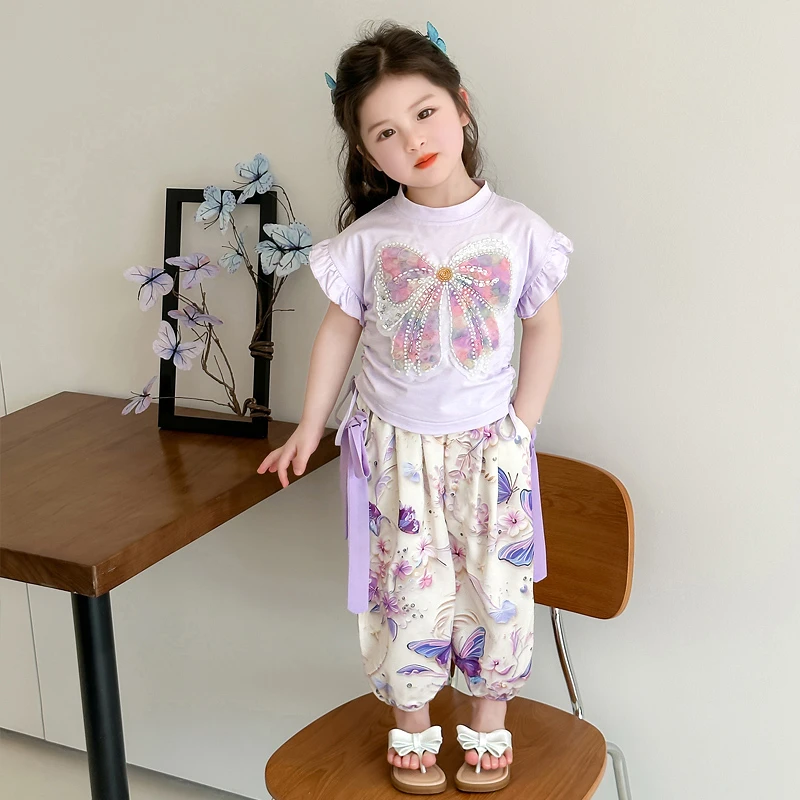 女童蝴蝶结短袖灯笼裤套装2025夏款蝴蝶结T恤丝带冰丝防蚊碎花裤