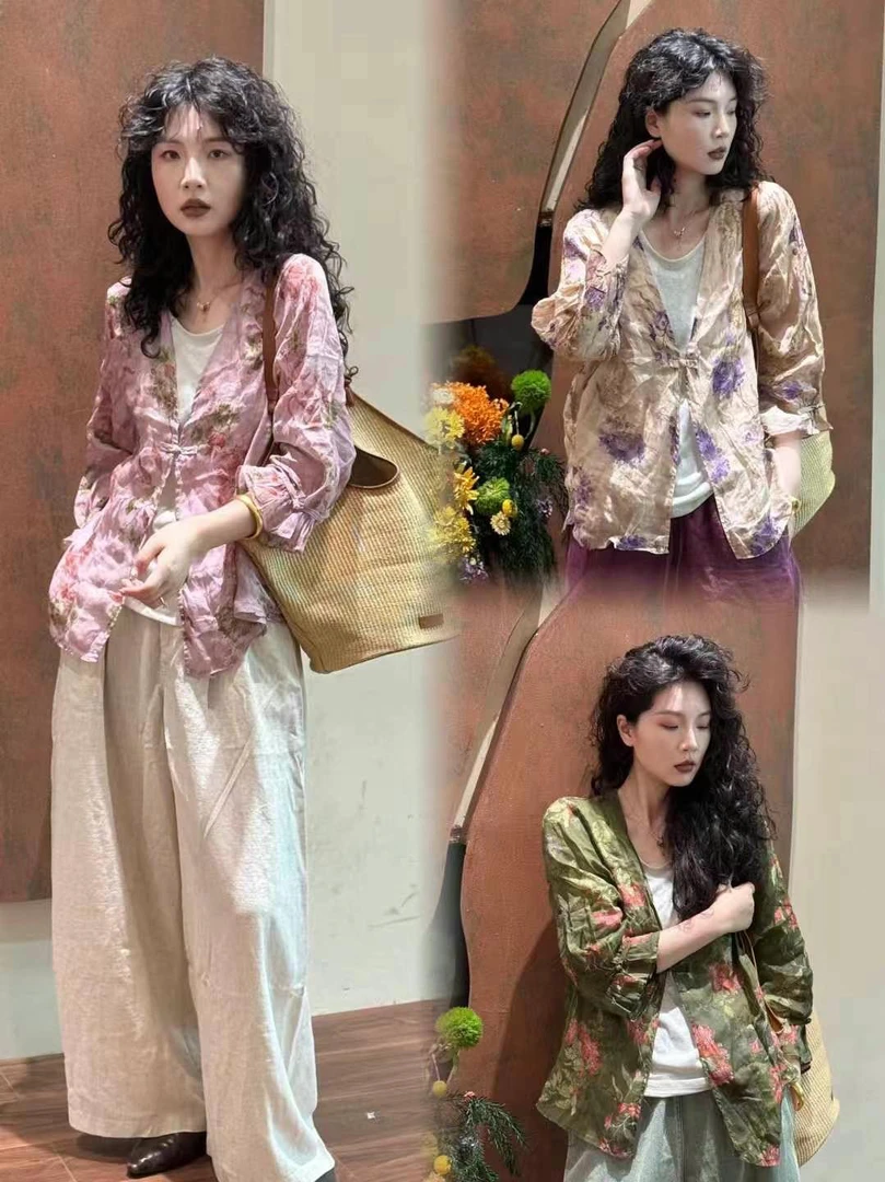 苎麻印花衬衫复古气质对襟v领宽松显瘦百搭防晒盘扣上衣夏季时尚