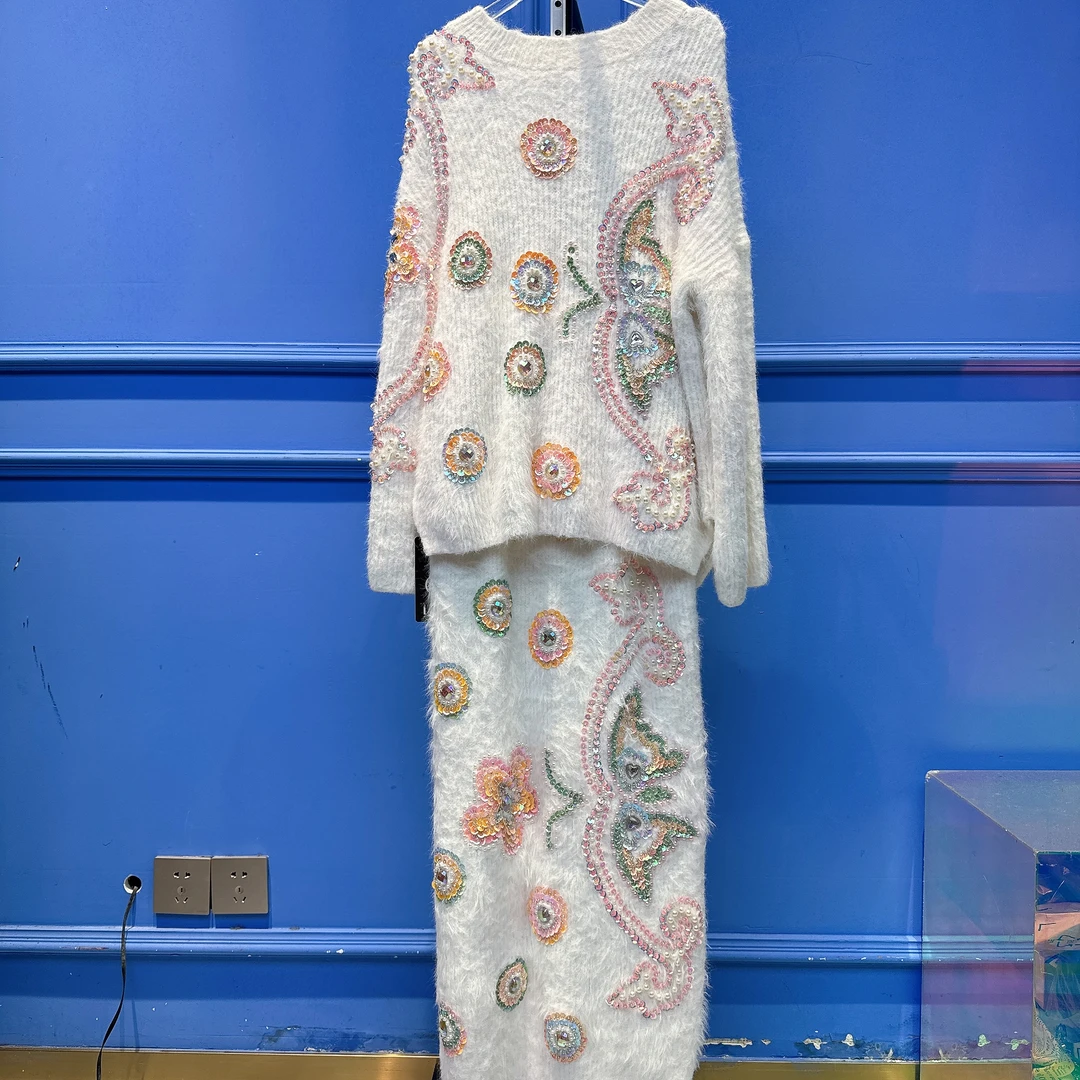 RR1842锐宝潮牌手工亮片花朵设计师刺绣气质减龄针织毛衣裙套装