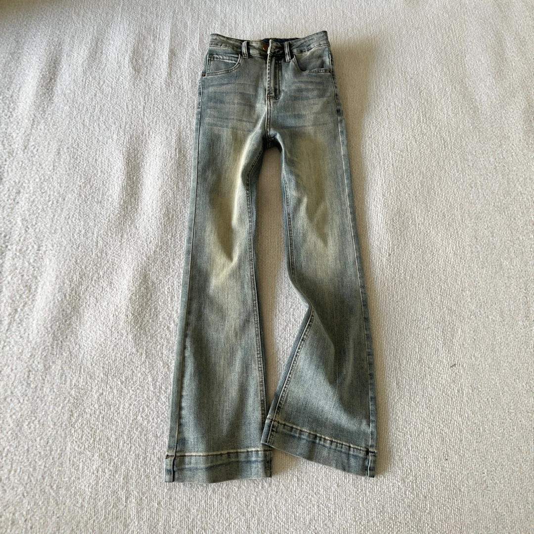 雪千羽美式复古微喇牛仔裤女春秋季新款高腰显瘦遮胯弹力喇叭裤子