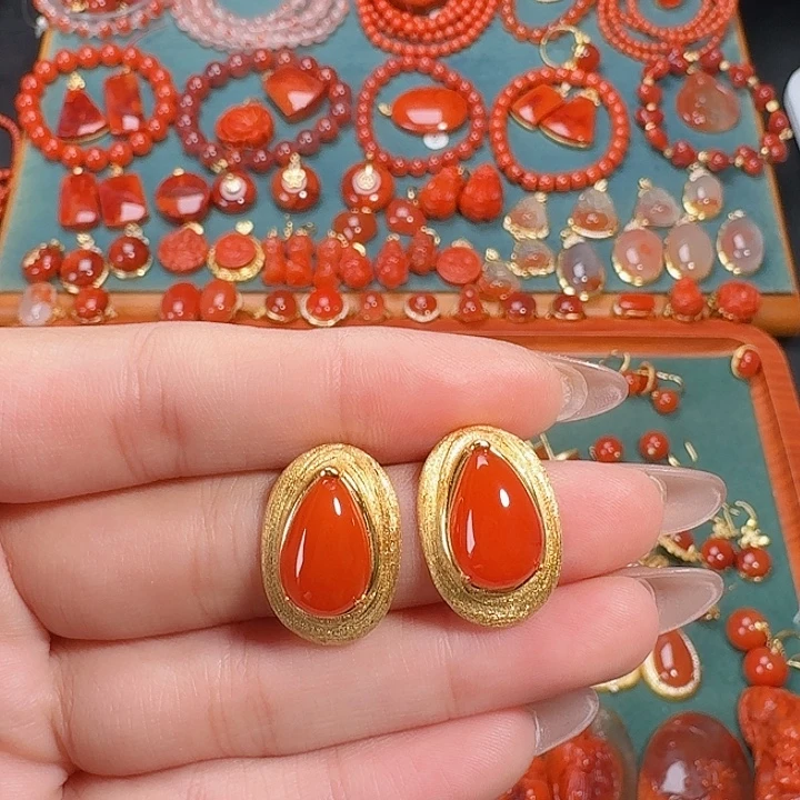 南红玛瑙银S925镶嵌耳饰