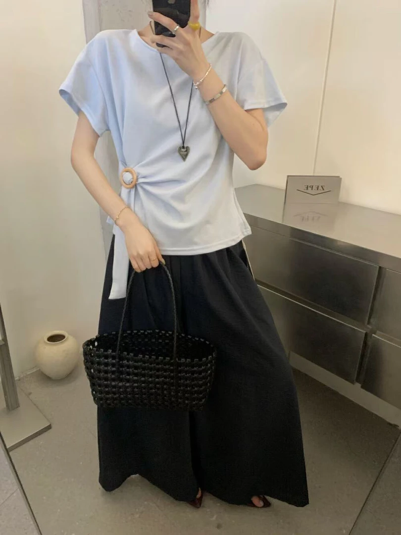 新疆包邮【6831】褶皱绑带T恤-衣长52