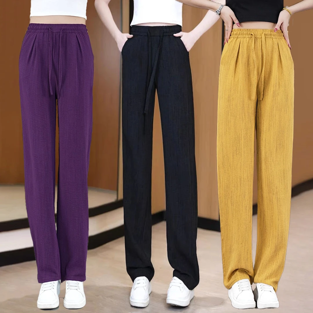 2025夏季新款冰丝阔腿裤女高腰抽绳肌理感慵懒美式休闲拖地裤子