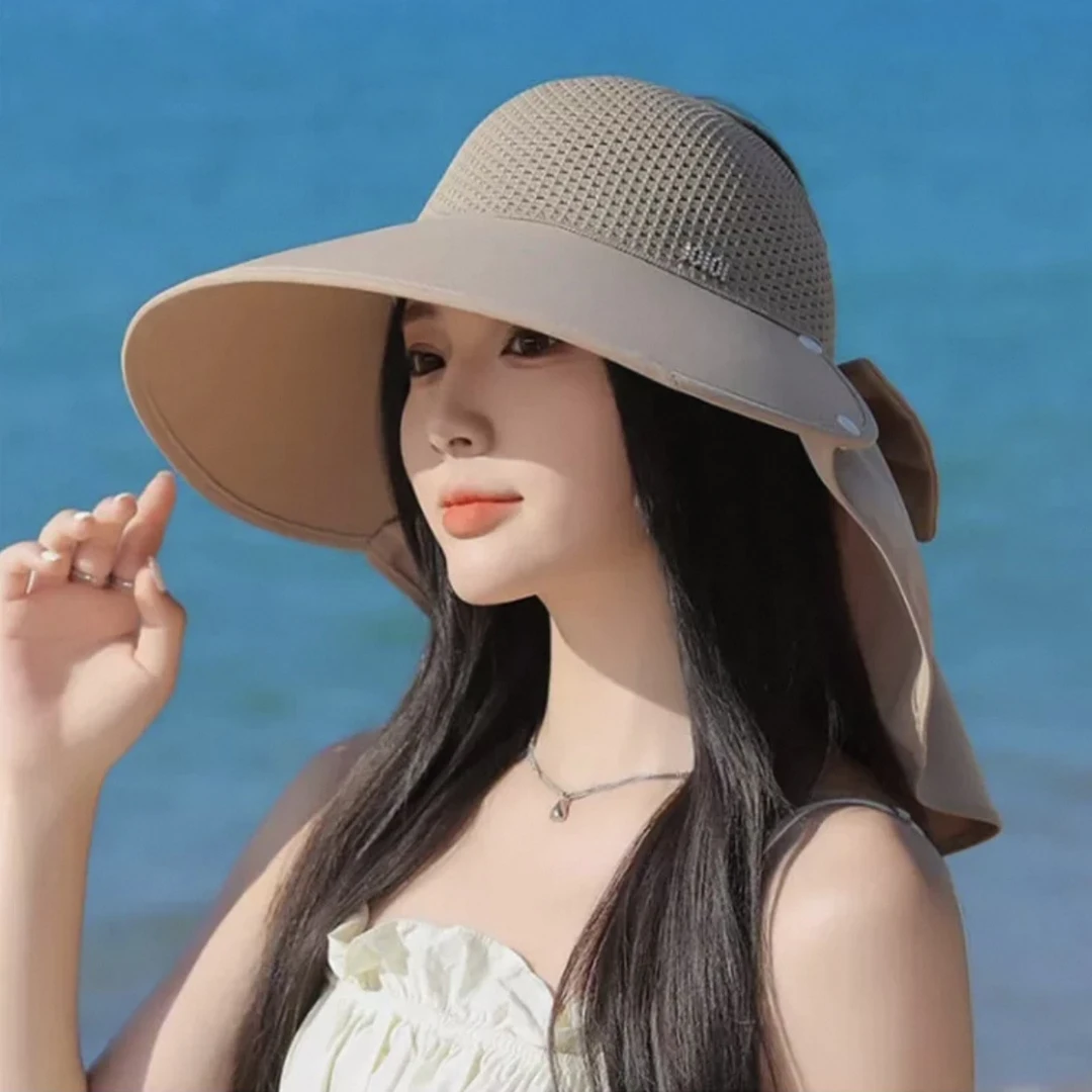 新款披肩护颈防晒帽夏季户外海边遮阳帽女护脖挡脸防紫外线太阳帽