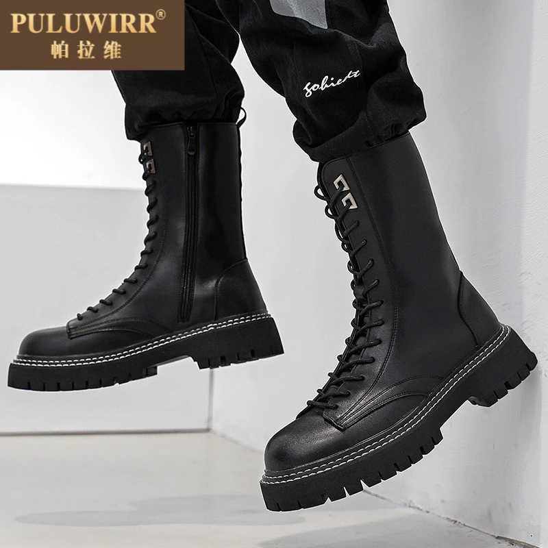 靴子男士英伦风格高帮皮工作皮靴男士秋季高端摩托车靴黑色百搭