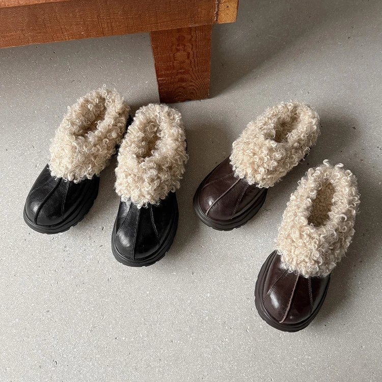 5cm~真皮厚底韩系毛毛鞋一脚蹬保暖加厚加绒乐福鞋冬季小众拖鞋女