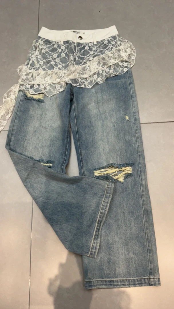 设计感拼接蕾丝围裙高腰破洞屁帘阔腿牛仔裤女夏季新款