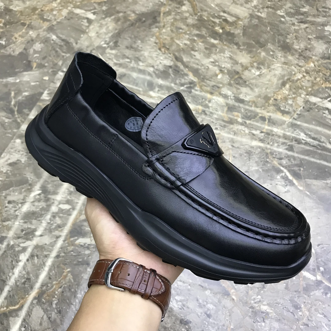 广州高品质真皮男鞋新款百搭厚底休闲鞋套脚轻便纯牛皮男士豆豆鞋