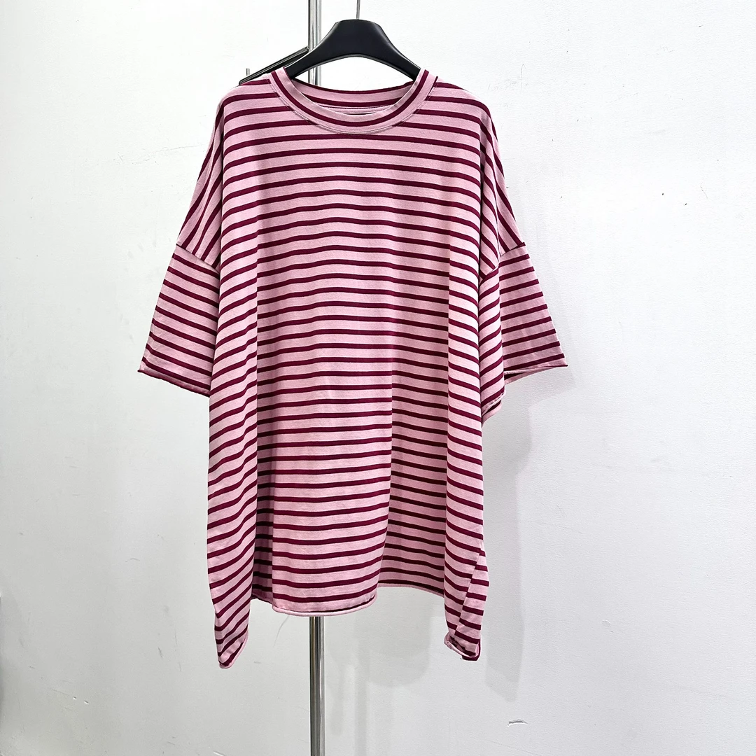 莹莹欧货【粉色条纹短袖】落肩袖慵懒风休闲女潮牌百搭卷边T恤00908