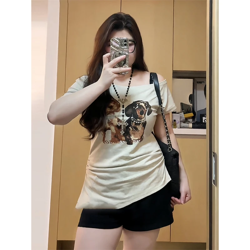 法式印花斜肩短袖T恤女夏季纯欲气质性感辣妹修身显瘦短款小上衣