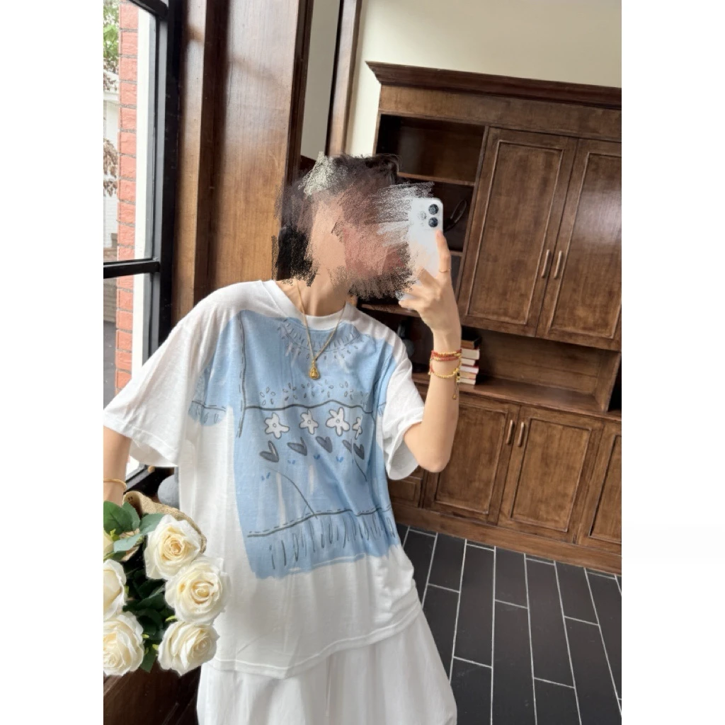 Miss Home【爱意落山河】70%棉大版印花短袖T恤白色减龄#H061