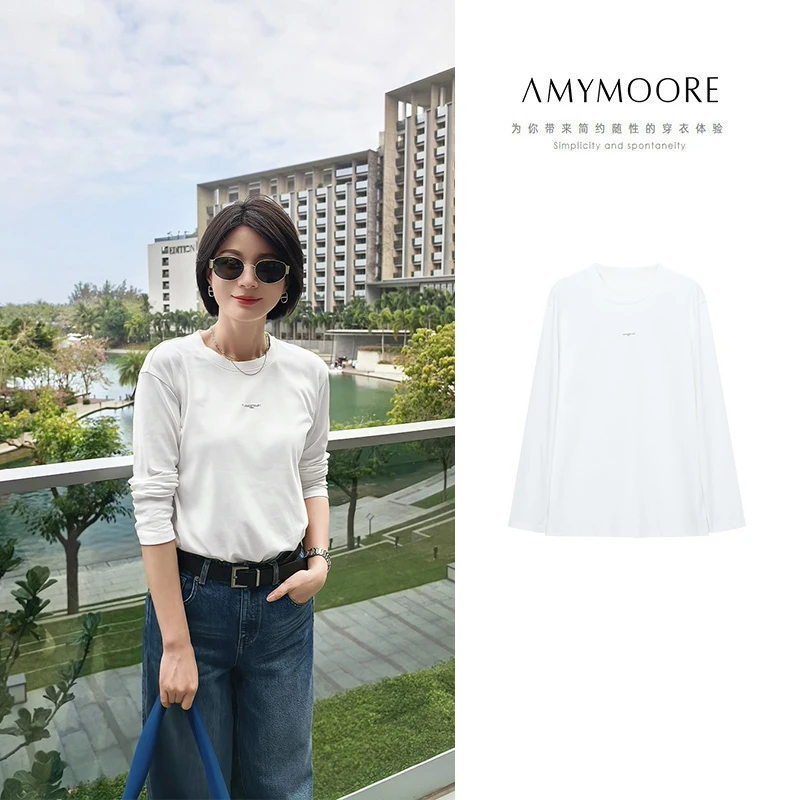 AMYMOORE艾莫尔春季女白色T恤长袖打底衫简约圆领休闲百搭381143