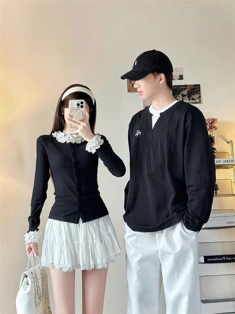 情侣装秋季波点拼接长袖女上衣ins设计感半身裙男假两件卫衣潮