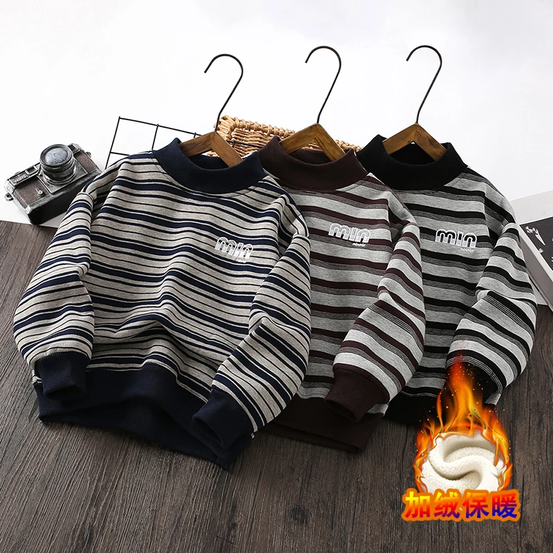 (厚绒)男童加绒条纹卫衣加厚冬款儿童打底保暖冬季中大童男孩冬装