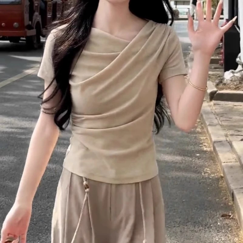 大码女装胖mm斜领短袖正肩T恤女夏季胖MM修身显瘦气质半袖上衣