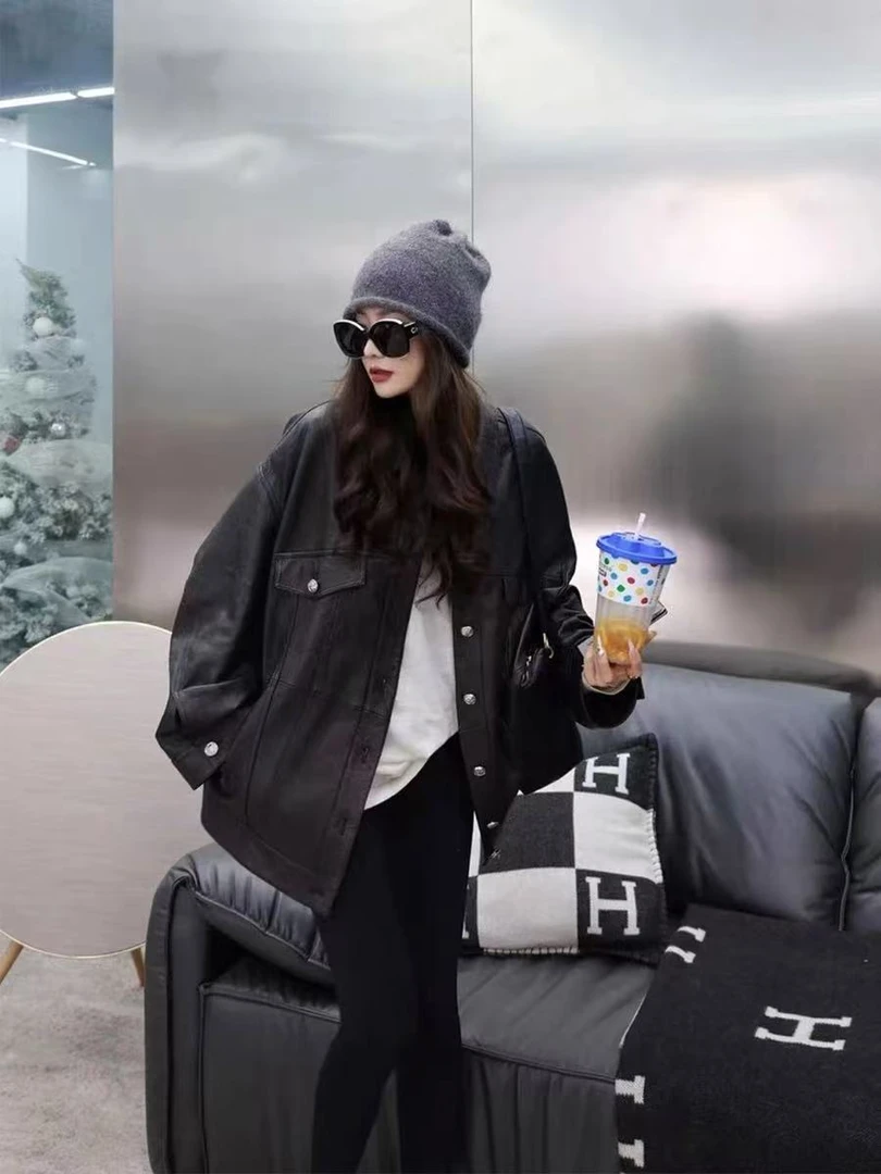 【定制抓皱羊皮】2025春真皮女显瘦绵羊皮夹克中长款复古2829