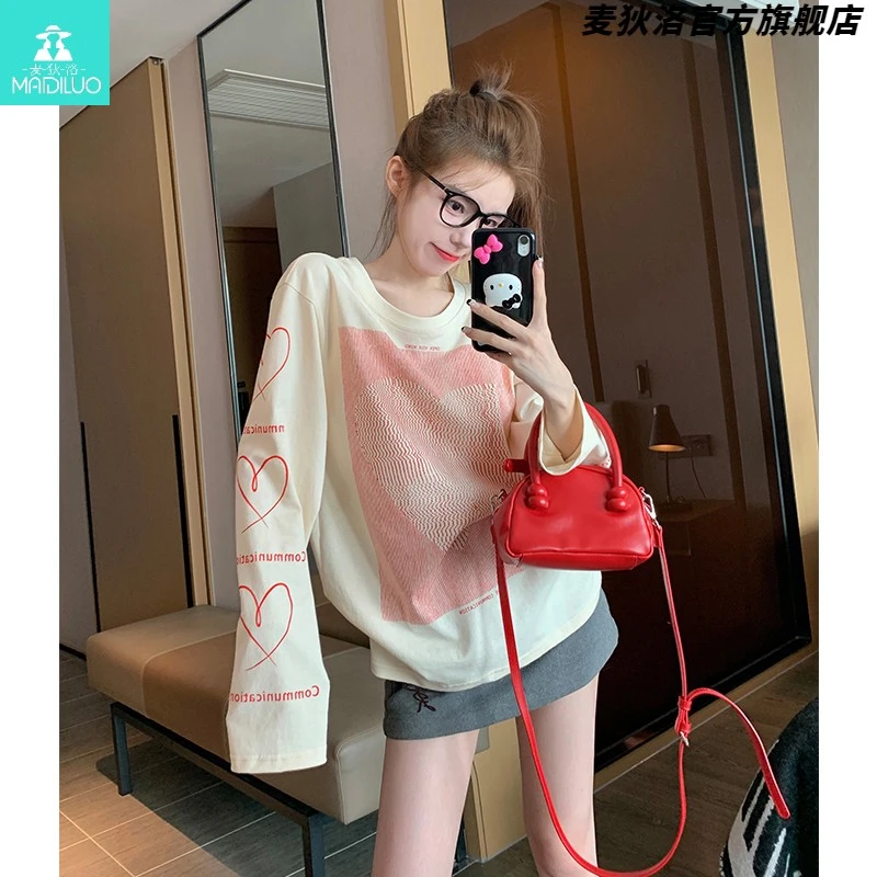 正肩长袖t恤女春季美式复古小众宽松慵懒风内搭加绒打底衫上衣ins