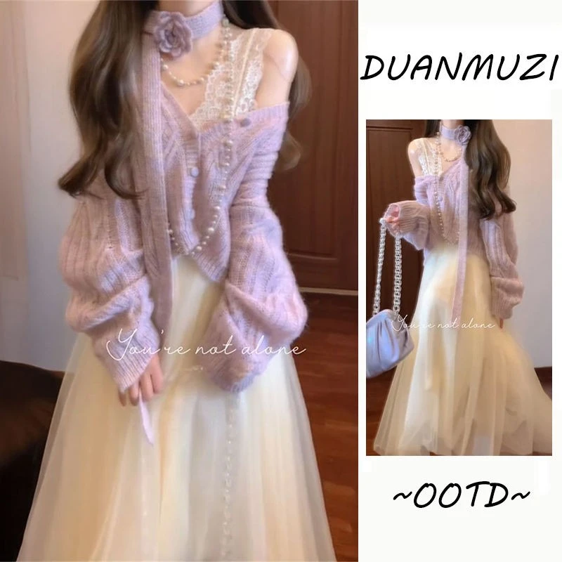 温柔超仙气质紫色立体花朵飘带V领针织毛衣+高腰半身长裙两件套装