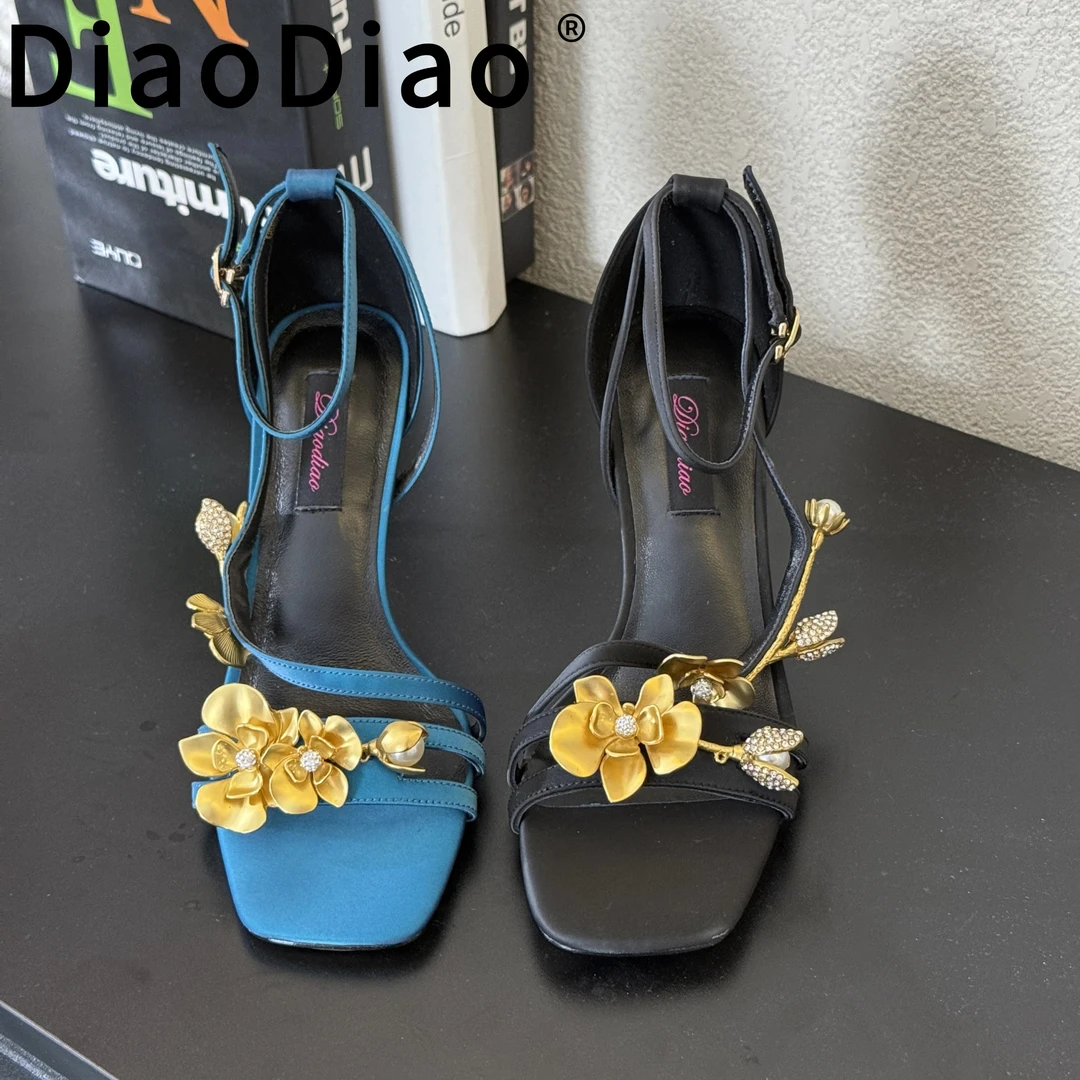 diaodiao夏季新款细跟凉鞋高级感花朵绝美气质一字带高跟鞋