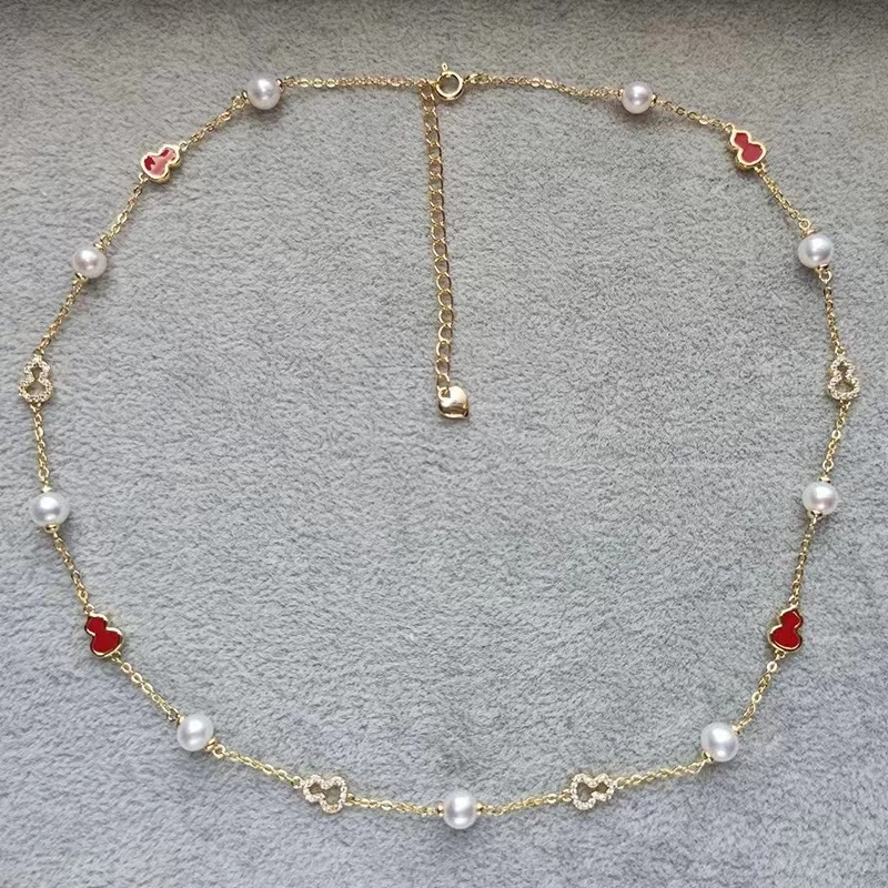 红珐琅葫芦满天星珍珠项链5-6mm小众设计款