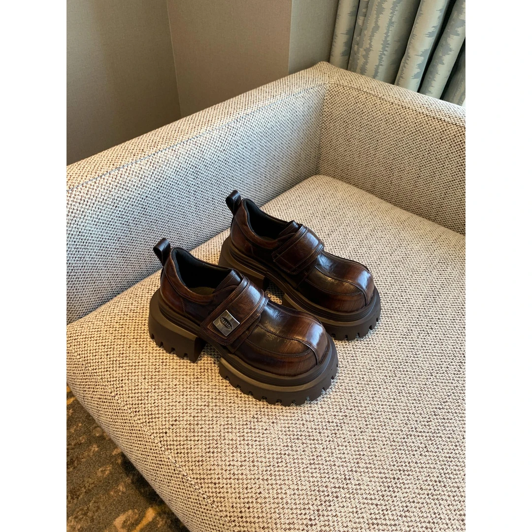 弥笛厚底乐福鞋女2025新款魔术贴覆古百搭松糕单鞋英伦风小皮鞋