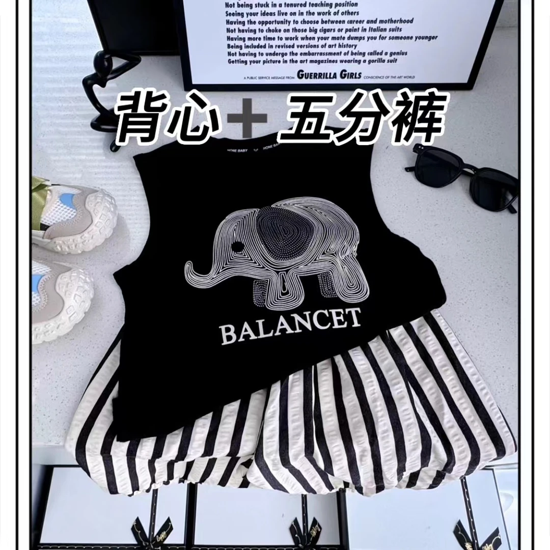 儿童背心套装韩版夏季新款无袖上衣宝宝条纹裤子时尚黑色背心3031
