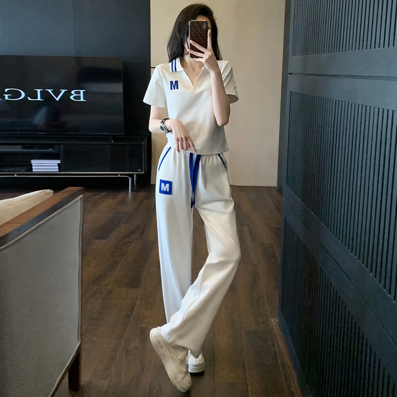 休闲运动套装女夏季2025新款时尚洋气显瘦高级感短袖阔腿裤两件套