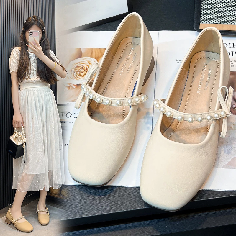珍珠玛丽珍鞋女单鞋温柔百搭浅口仙女风法式浅口一脚蹬女鞋跟鞋女