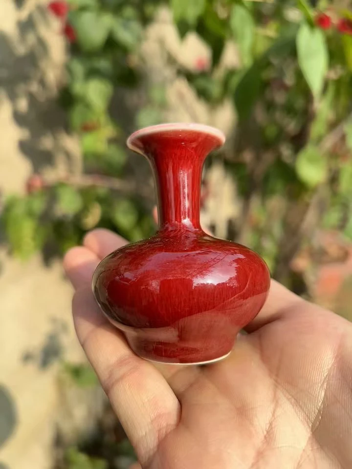 景德镇名陶雅玩原矿朗红小花瓶手工制作