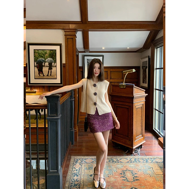 小香风针织无袖马甲开衫背心女夏季高腰垂感a字包臀半身裙套装