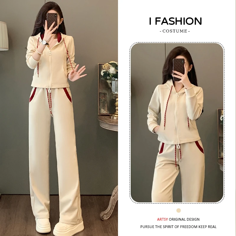 高含棉时尚潮流套装女2025春秋新款洋气百搭连帽卫衣直筒裤两件套