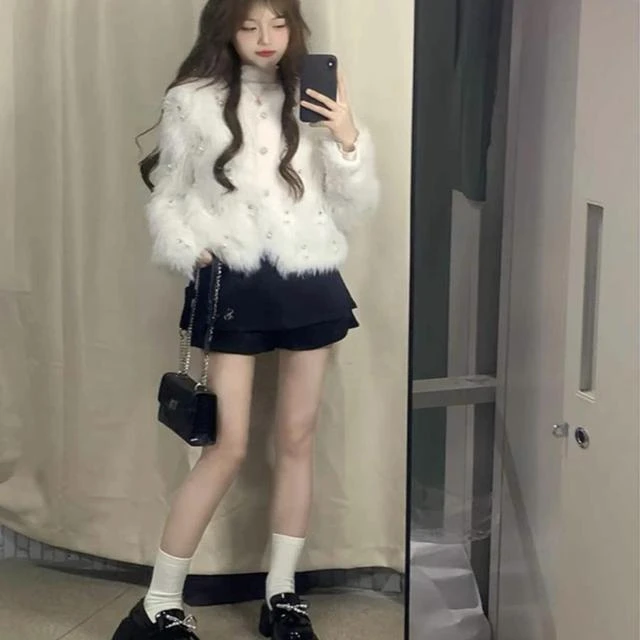 设计感珍珠扣满天星环保仿貂毛针织开衫外套毛衣女2025年秋冬新款